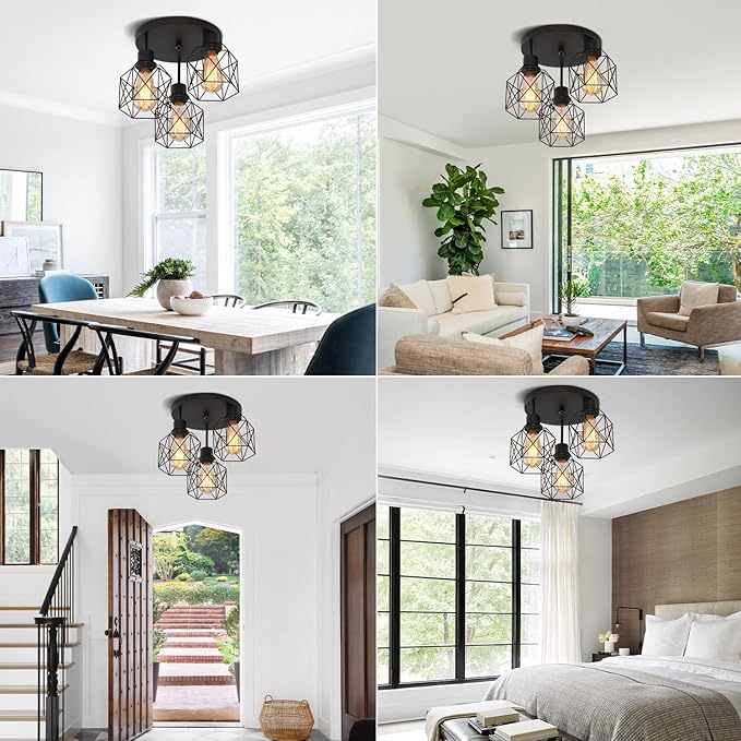 3 Lights Industrial Ceiling Light Fixtures,Iron Cage Ceiling Lamp Pendant Lighting,3-Light Close to Ceiling Light Fixtures, Modern Chandelier for Bedroom Entryway Kitchen Hallway