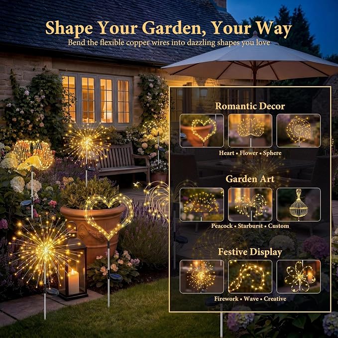 Solar Firework Lights, 10 Pack 120 LEDs 8 Lighting Modes Twinkle Solar Garden Lights Outdoor Waterproof for Yard Patio Walkway Pathway Party Wedding Balcony Decorative- Warm White