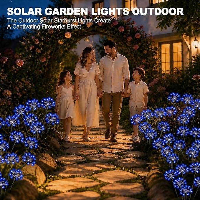 Solar Garden Lights Outdoor, Upgraded Solar Swaying Starburst Light Waterproof with 2 Modes, Solar Fairy Firework Lights for Yard Patio Pathway Flowerbed Balcony Garden Decoration (Blue, 2 Pack)