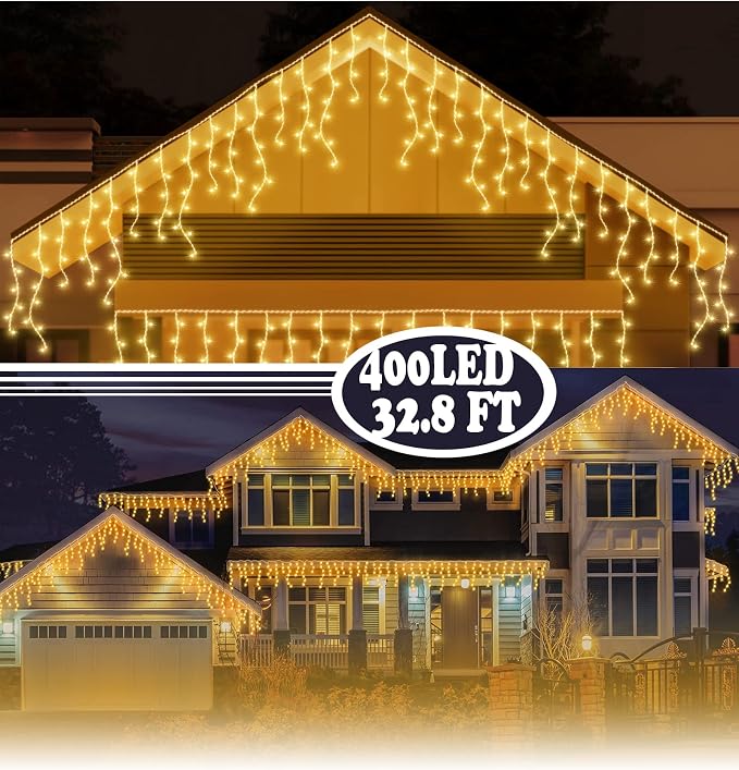 BLOFUN LED Lamps Outdoor Icicle Lights, 32.8 ft 400 LED - 8 Modes Curtain String Lights for Indoor/Outdoor, Wedding, Party, Holiday