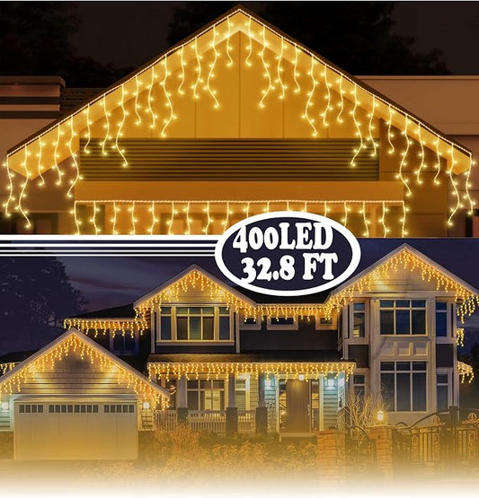 BLOFUN LED Lamps Outdoor Icicle Lights, 32.8 ft 400 LED - 8 Modes Curtain String Lights for Indoor/Outdoor, Wedding, Party, Holiday