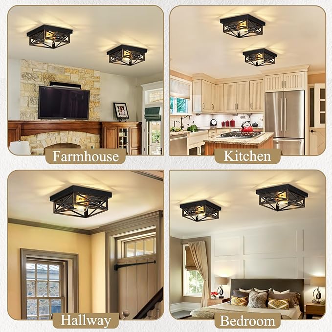 Black Flush Mount Ceiling Light Fixture,2-Light Square Rustic Vintage Metal Black Hallway Light Fixtures Ceiling for Farmhouse,Kitchen,Hall,Bedroom (2 Pack)