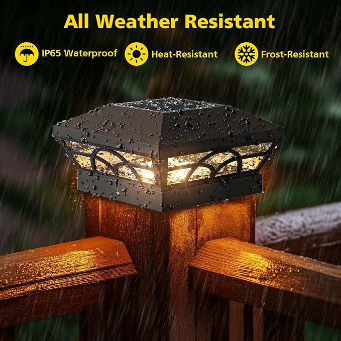 T-SUN Solar Post Cap Lights 12 Pack – Outdoor Waterproof Fence Lights for 3.5x3.5 4x4 5x5 5.5x5.5 Wood/Vinyl Posts, 2 Modes Warm White/White, Solar Deck Light for Patio, Garden, Porch (Black)
