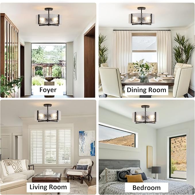 18" Black Large Semi Flush Mount Ceiling Light, 4-Light Farmhouse Ceiling Light, Foyer Light Fixtures Modern Glass Ceiling Mount for Entryway Bathroom Hallway Bedroom Kitchen