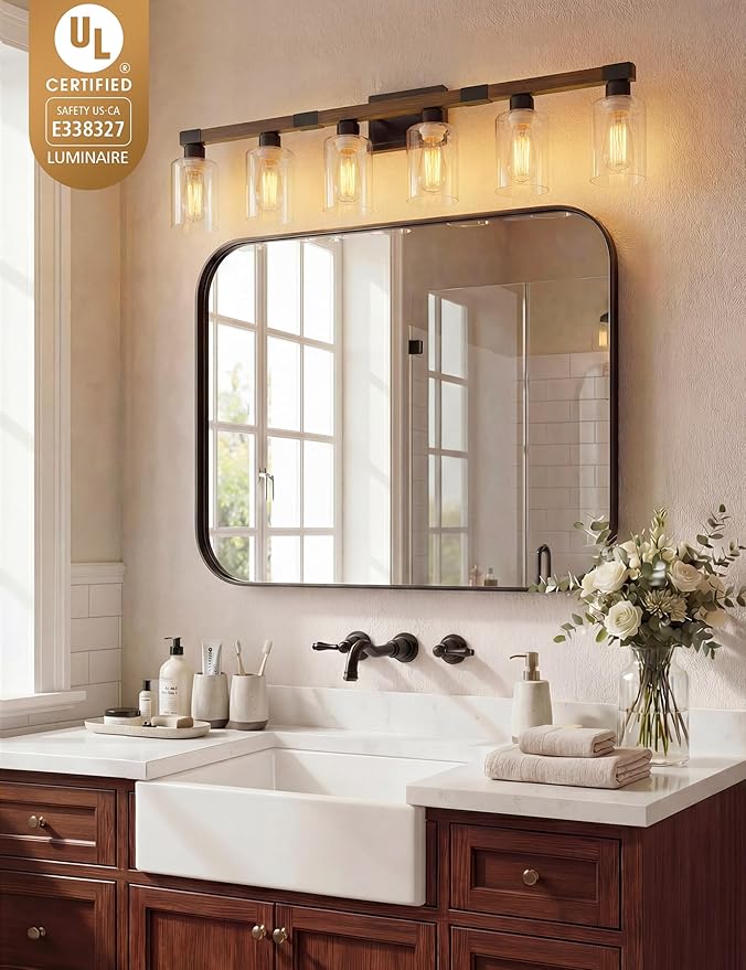 VOLISUN Farmhouse Bathroom Light Fixtures, 6 Light Bathroom Vanity Lights Over Mirror, Rustic Vanity Light for Bathrooms,Wood Bathrooms Lights Fixtures Over Mirror-UL Certificated