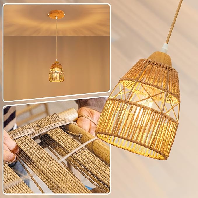 3 Pack Boho Rattan Pendant Light Kitchen Island,Farmhouse Chandeliers Adjustable Height Hanging lamp for Dining Room,Small Kitchen Ceiling Lights Fixtures with Woven Wicker Lampshade Lighting