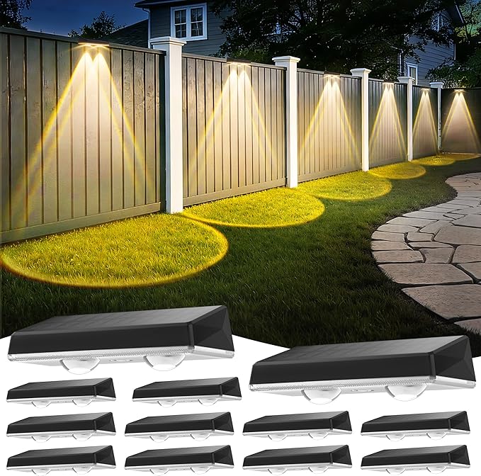 Solar Fence Lights Outdoor, 12-Pack Fence Lights Solar Powered Waterproof IP67 with 3 Color (3000K/4500K/6000K), Dusk to Dawn Auto-Work Solar Lights for Wall, Patio, Garden, Backyard