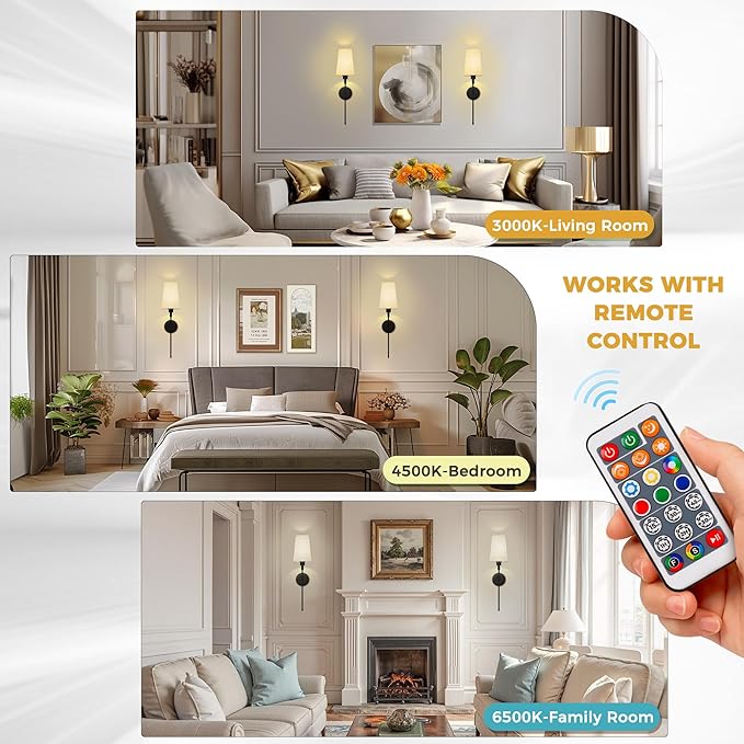 DORESshop Battery Operated Wall Sconce Set of 2, Wireless Wall Light Easy to Install, 15 Color Rechargeable Wall Sconces, Sconce Wall Decor Set of 2 for Bedroom, Living Room, Black, 27in