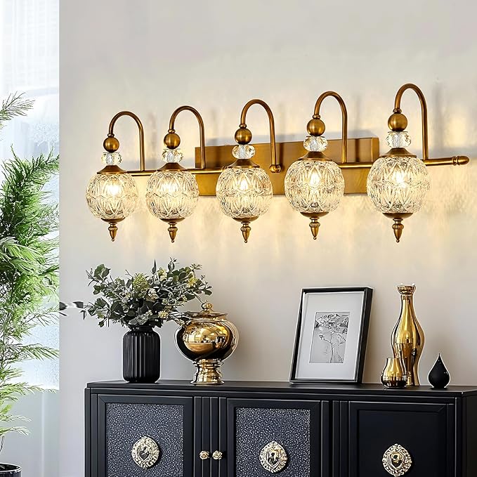Piepooye Vintage Bathroom Lights Fixtures Gold Vanity Light with Glass Globe LampShade 5 Light Brushed Brass G9 Bulb Wall Sconce Antique Indoor Vanity Light Over Mirror for Kitchen Bedroom Living Room