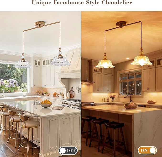 2-Light Vintage Pendant Light Fixtures for Kitchen Island Brass Gold 10.6" Glass Small Pendant Lights Adjustable Hanging Light for Hallway Porch Sink Table