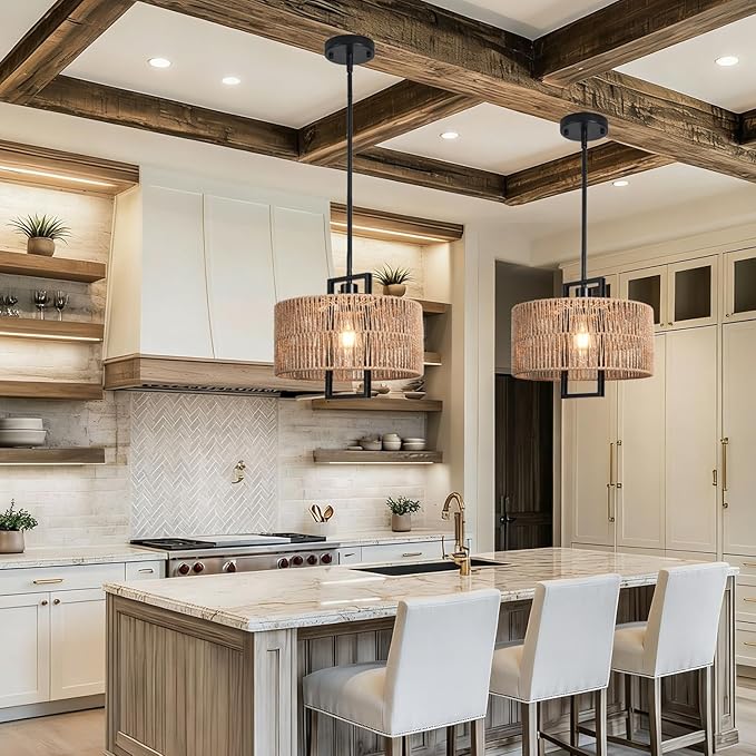 1-Light Boho Light Fixture 12.60" Rattan Pendant Light for Kitchen Island Hand Woven Rustic Dining Room Light Fixture Rattan Pendant Light Fixture