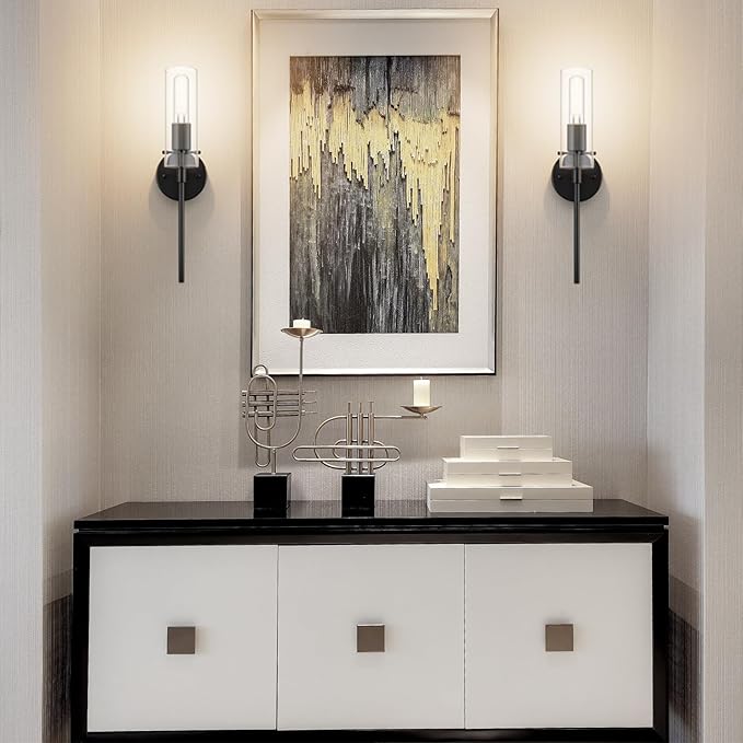 Wall Sconce Set of 2 Black Wall Light, Bathroom Vanity Light Fixture Modern Indoor Wall Light with Clear Glass Shade for Bathroom Bedroom Living Room Hallway Vanity