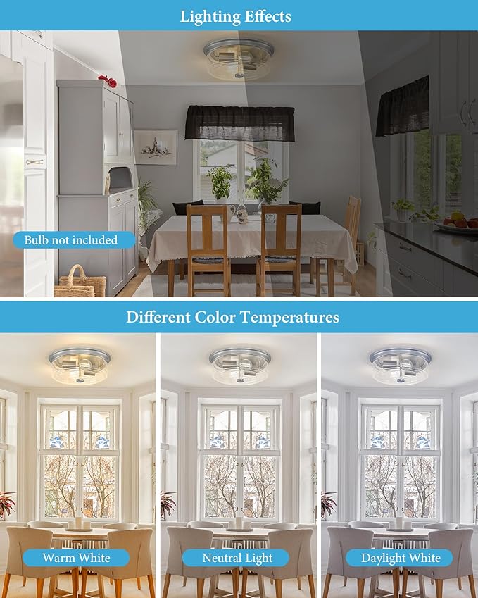 Brushed Nickel Flush Mount Ceiling Light Fixtures, 12 Inch 2-Light Light Fixtures Ceiling Mount with Seeded Glass Lampshade,Ceiling Light for Kitchen, Hallway, Entryway