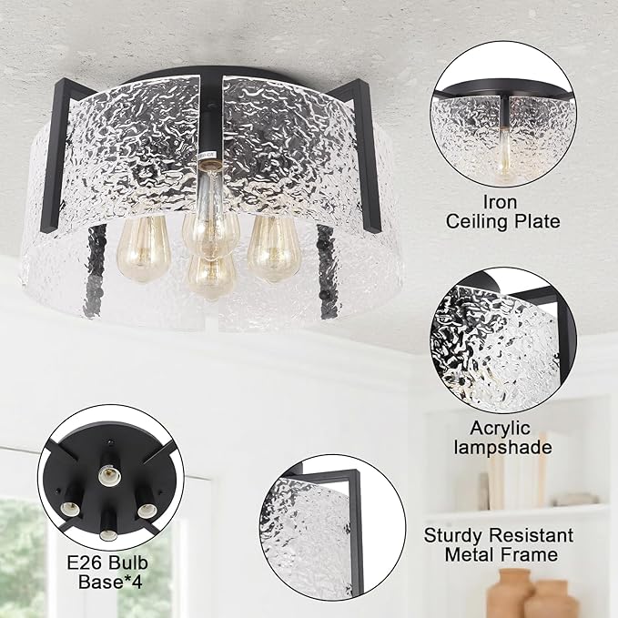 Bektas Semi Flush Mount Ceiling Light, Hallway Light Fixture,Entryway Light,Modern Bedroom Lampe,Metal Light Fixtures,Lighting Fixture Flush Mount for Kitchen Bathroom Dining Room (Black, 4-Light)