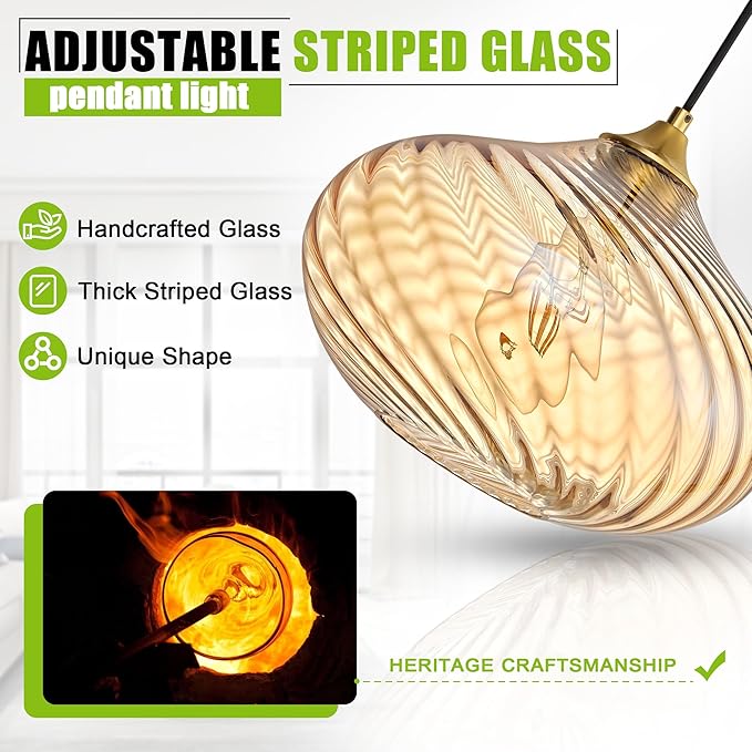 Glass Pendant Lights Kitchen Island, 11'' Gold Pendant Lighting Fixtures, Modern Hanging Ceiling Light with Striped Amber Glass Shade for Farmhouse Dining Room Bedroom Hallway(1 Pack)