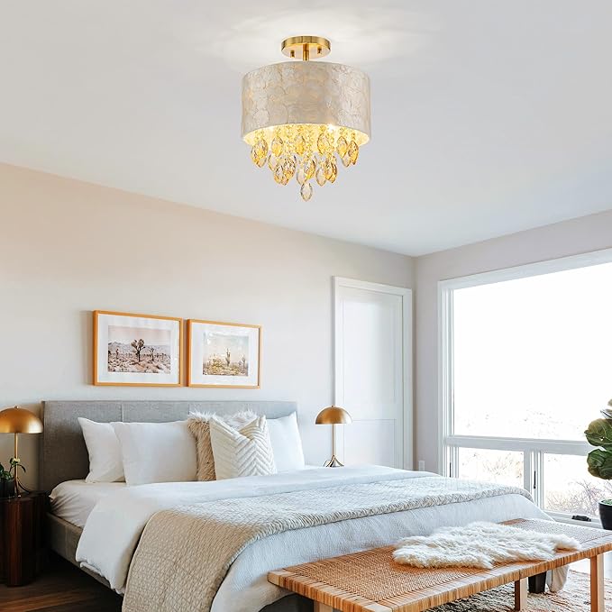 3-Light Capiz Shell Crystal Drum Ceiling Light, Coastal Style Close to Ceiling Light Fixture for Dining Room, Living Room & Bedroom, D12 * H14 inch, Champagne Crystal & Gold Finish