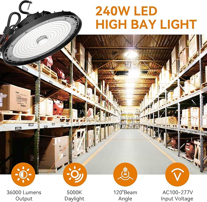 UFO LED High Bay Light 240W 36,000lm 5000K Daylight, High Bay LED Shop Lights with US Plug 5’ Cable, Commercial Warehouse Lights, Factory Area Lighting Fixture, Non-Dim