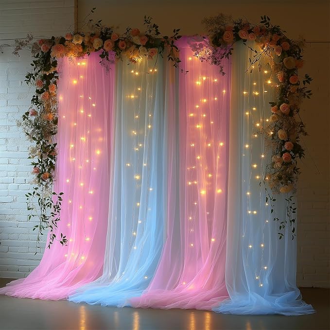 Pink and Blue Tulle Backdrop Curtains with Lights String – 2 Panels 5x8ft Sheer Backdrop for Gender Reveal, Baby Shower, Boy or Girl Birthday Party, Photo Shoot, Party Decorations