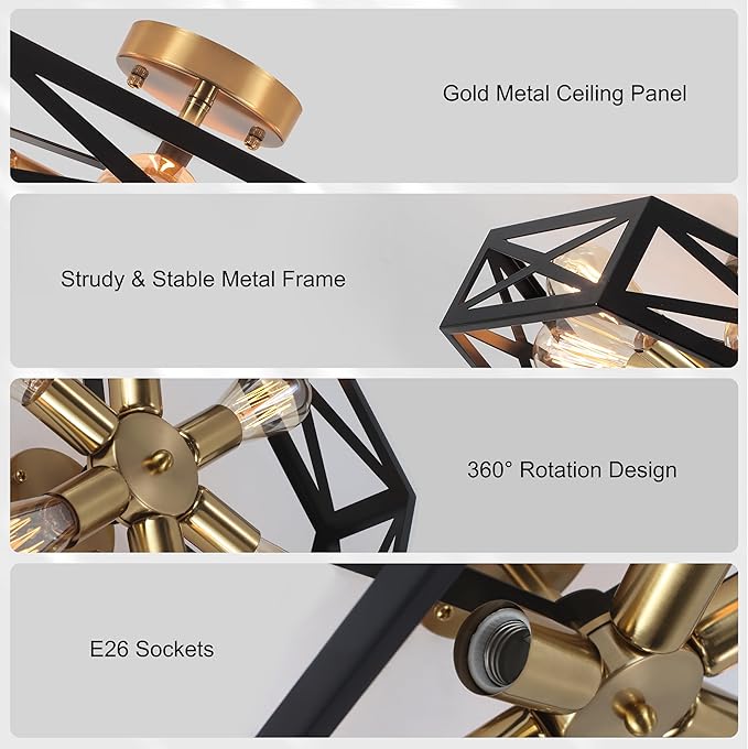 19.6" Rustic Foyer Lighting Fixtures, Black Farmhouse Kitchen Light Fixtures with Metal Cage Modern Black and Gold Hallway Light Fixture Black Ceiling Light for Bedroom Bathroom Foyer