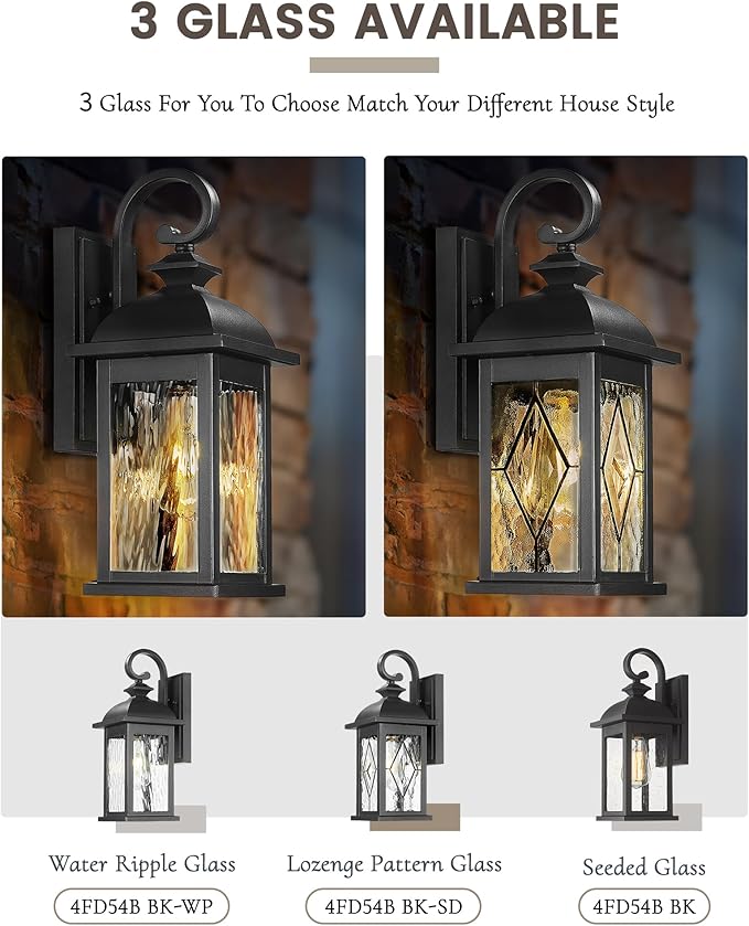 FEMILA 15" Exterior Wall Sconce, 2-Pack Outdoor Waterproof Wall Lights Fixture, Anti-Rust Matte Black Finish with Water Ripple Glass,4FD54B-2PK BK-SD