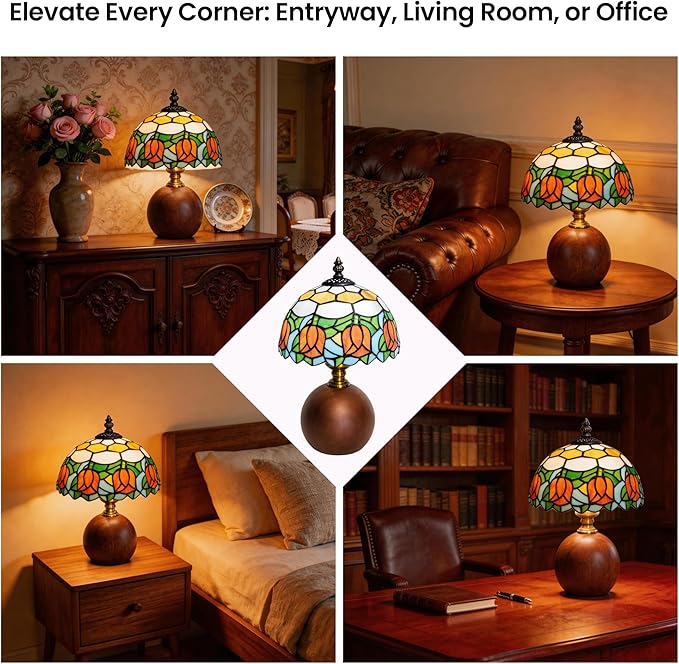 12.2" Tiffany Style Lamp, Handcrafted Stained Glass Table Lamp with Solid Wood Base, 3-Color Dimmable Bedside Lamp for Nightstand & Bedroom, Vintage Aesthetic Accent Light