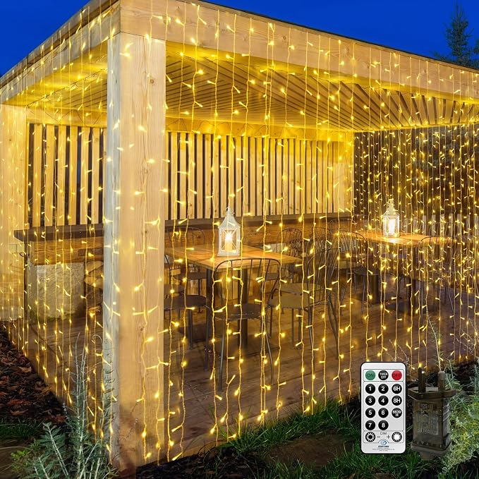 THKFUL 20x10FT 600LED Curtain Lights for Room,Hanging Backrop Curtain Fairy Lights Indoor Window Icicle Light Waterproof with Remote Control,Timer for Holiday Yard Garden(Warm White)