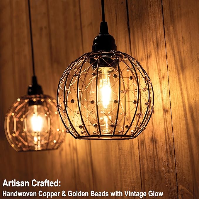 TWINKVILLA Hanging Pendant Lights, Battery Operated Outdoor Chandelier with Warm White LED Bulb for Patio Tree Pergola Gazebo Porch (Beaded Ball-ST58-3PK)