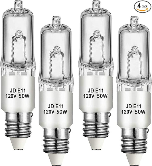 4 Pack JDE11 Bulb,120V 50W Halogen Mini Candelabra Bulbs,T4 JD E11 Bulb Dimmable 2700K Warm White(Replacement E11 LED Bulbs) for Chandeliers,Candelabra,Ceiling Fan,Table Lamps,Cabinet Lighting