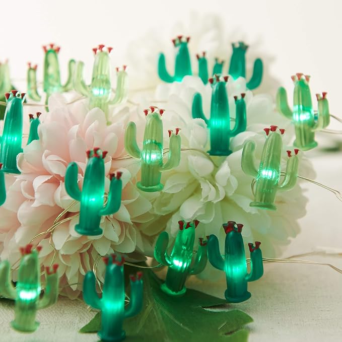 MIYA LIFE Cactus String Lights Battery Operated with Remote Green Acrylic Cactus Lights for Summer Tropical Decor
