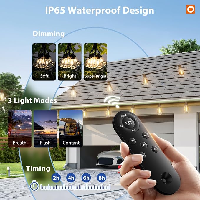 addlon 102FT(96FT+6) Solar String Lights Outdoor Waterproof with USB Port & Remote Control Solar Patio Lights for Outside Solar Powered with 34 LED Dimmable Bulbs for Porch Garden Deck Halloween