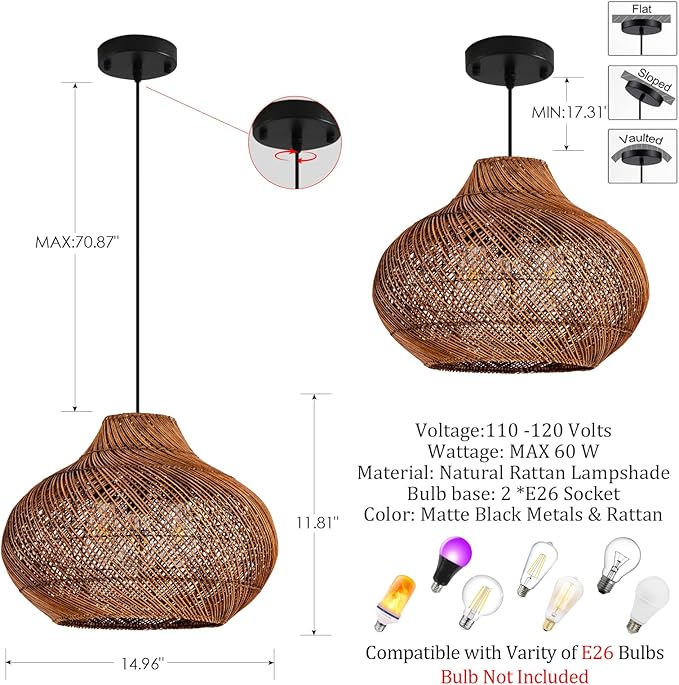 2-Light Dark Brown Rattan Pendant Light,14.96" Round Rustic Hanging Light,Curry Wicker Pendant Light Hand-Woven Rattan Chandelier for Workplace Dining Living Bedroom Kitchen Farmhouse