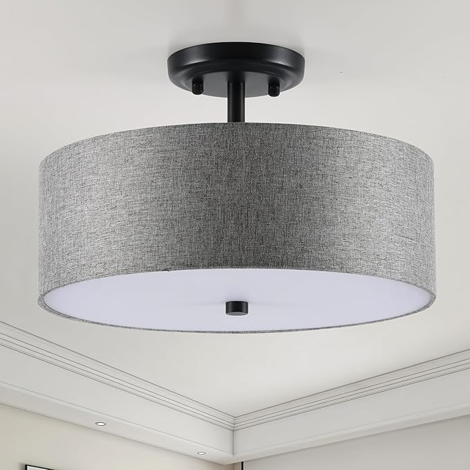 13.8 Inch Semi Flush Mount Ceiling Light Fixture, 3-Light Modern Farmhouse Drum Pendant with Fabric Shade for Bedroom Hallway Entryway Living Room (Gray+Black)