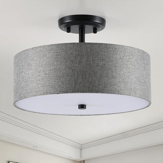 13.8 Inch Semi Flush Mount Ceiling Light Fixture, 3-Light Modern Farmhouse Drum Pendant with Fabric Shade for Bedroom Hallway Entryway Living Room (Gray+Black)