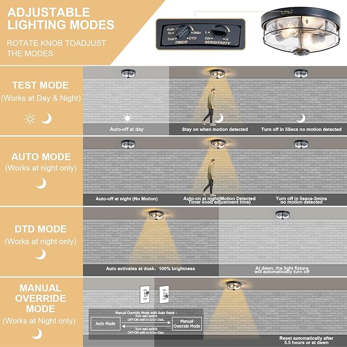 Motion Sensor Outdoor Flush Mount Ceiling Light, Industrial Glass Rustic Wood-Like Finish 2-Light Ceiling Lamp for Porch, Entryway, Garage, Timer and Sensitivity Adjustable (Black-Bubble Glass)