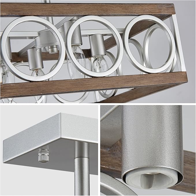 XINGQI Square Ceiling Lights 13'' Farmhouse Semi Flush Mount Ceiling Light Fixture Rustic Chandelier for Living Dining Room Bedroom, Antique Wood Grain & Brushed Nickel Finish, 4 E12 Bulbs
