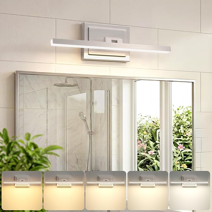 VOLISUN Modern Bathroom Vanity Light 15.7 inch, Rotatable, 12W Dimmable 5CCT Led Bathroom Light Fixture Over Mirror, Brushed Nickel Bar Vanity Light for Bathroom Mirror Restroom-ETL Certificated