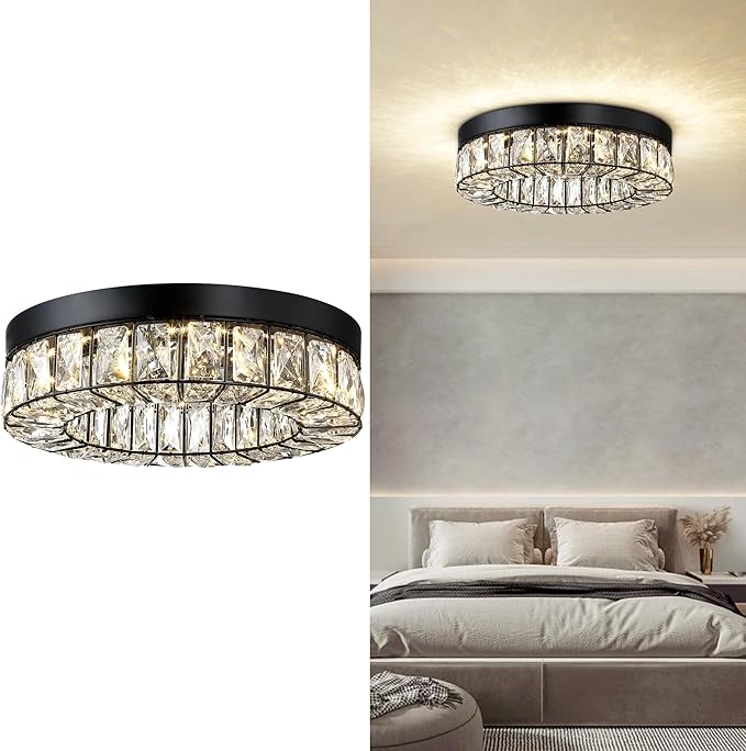 MEXO Crystal LED Flush Mount Ceiling Light Fixtures Modern Black LED Chandelier Lighting for Kitchen Closet Hallway Bedroom Foyer Laundry Room