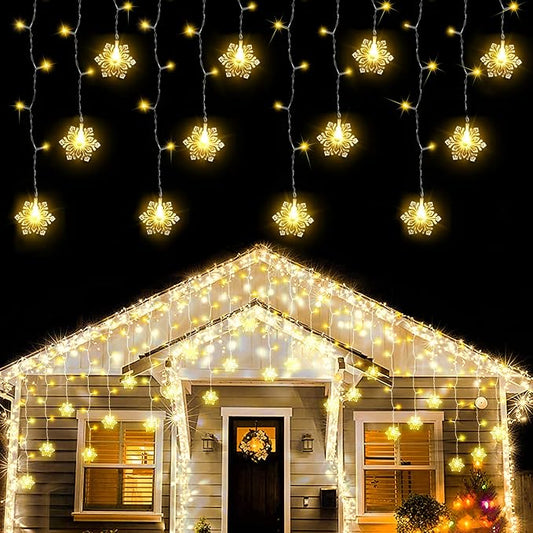weillsnow Christmas Decorations, 360 LED Icicle Lights with Snowflake, 29.5 FT 72 Drops Icicle Light with 8 Modes，Connectable Warm White String Lights for Outdoor Eaves, Railing, Xmas Decor