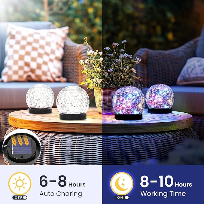 Solar Lights Outdoor for Yard Patio Porch, Garden Decor Birthday Gifts for Mom Women, Solar Globe Lights Waterproof Cracked Glass Ball Outdoor Decorations Balcony Backyard (2 Pack Multicolor)