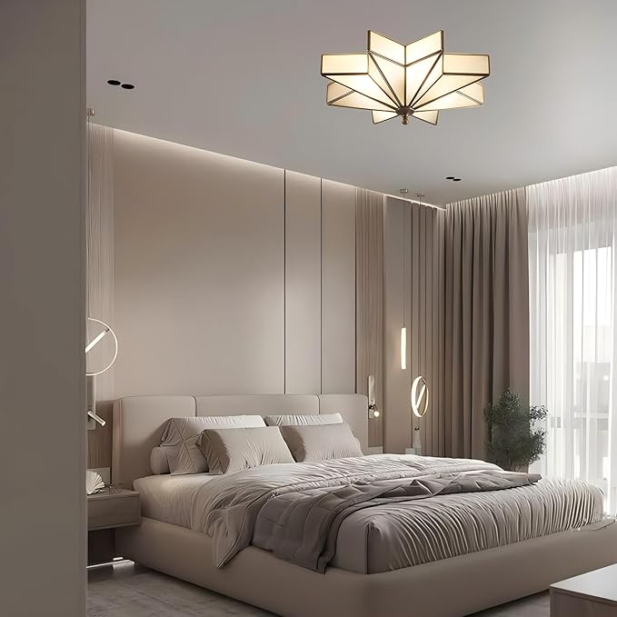 LIGHTLAND 19.7 Inch Flush Mount Star Ceiling Light, 4 Lights Brass Ceiling Lamp with Glass Lampshade, Art Deco Close to Ceiling Light Fixtures for Bedroom Living Room Entryway Hallway, Bronze Color