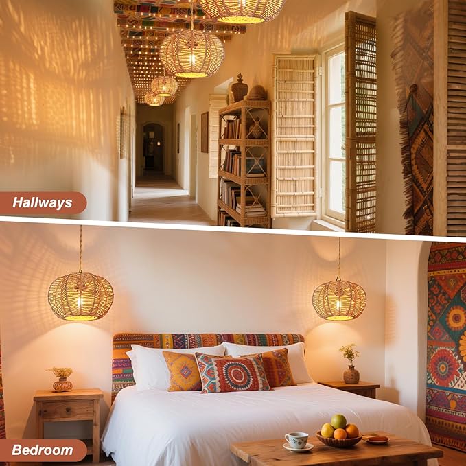 Hanging Lights with Plug in Cord Rattan Hanging Lamp Boho Ceiling Light Fixtures Farmhouse Pendant Lamp Shape for Living Room Bedroom Kitchen