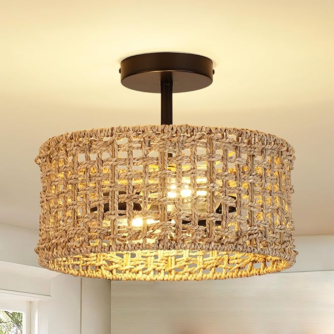 Boho Rattan Ceiling Light Fixture, 12.6" Woven Drum Flush Mount Light, Rustic Farmhouse Wicker Semi Flush Lighting for Bedroom, Kitchen, Living Room, Entryway, Hallway, Modern Coastal Lamp