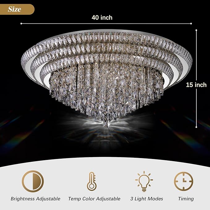 40 inch Crystal Silver Ceiling-Light Flush Mount With Remote Control and APP, 3CCT Dimmable & Brightness Adjustable, Modern Crystal Raindrop Chandeliers for Bedroom Hallway Dinning Room Living Room