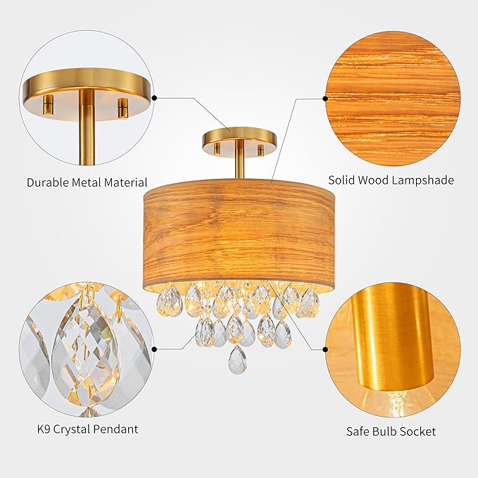 3-Light Drum Wood & K9 Crystal Ceiling Lights, Farmhouse Style Semi-Flushmount Light Fixture for Dining Room, Living Room & Bedroom, D12 * H14 inch, Solid Wood Lampshade & Gold Finish