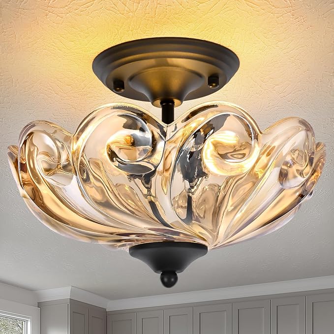 HuixuTe Modern Semi Flush Mount Ceiling Light, 3-Light Black Close to Ceiling Light Fixture with Amber Glass Shade for Bedroom Living Room Entryway