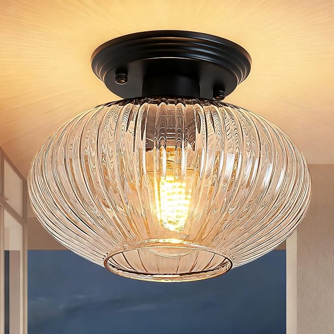 Semi Flush Mount Ceiling Light, Black Vintage Kitchen Ceiling Lights, Amber Striped Glass Close to Ceiling Light Fixtures for Living Room, Hallway, Bedroom
