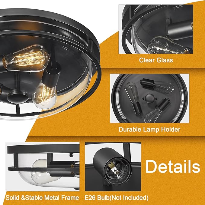16 Inch Flush Mount Ceiling Light with Clear Glass Shade, 3-Light Indoor Outdoor Farmhouse Lighting Flush Mount Lights for Kitchen Bedroom Porch Living Dining Room(Large)