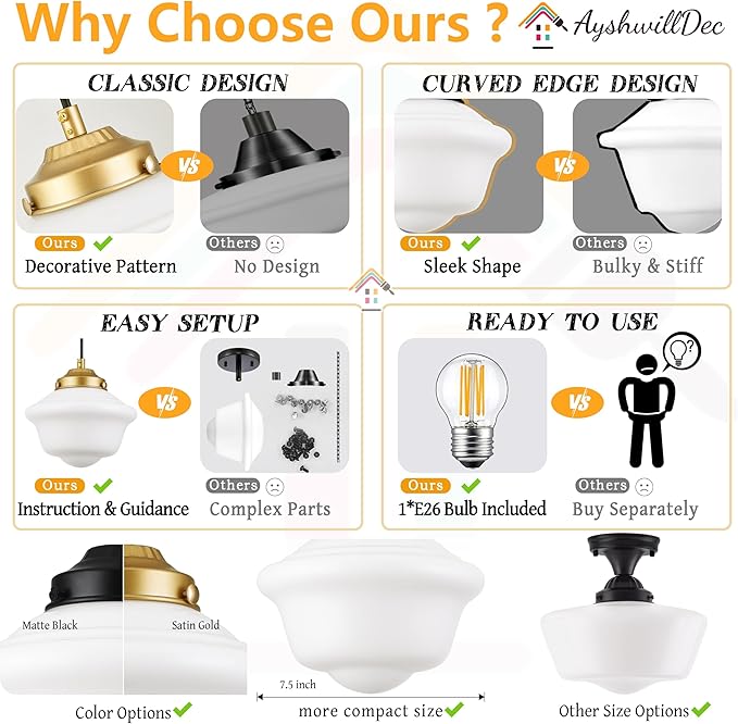 Gold Schoolhouse Light Fixture 8" Milk Glass Light Fixture Mid Century Pendant Light Milk Glass Pendant Light Schoolhouse Pendant Light for Bedroom Dining Room Kitchen (Bulb Incl.)