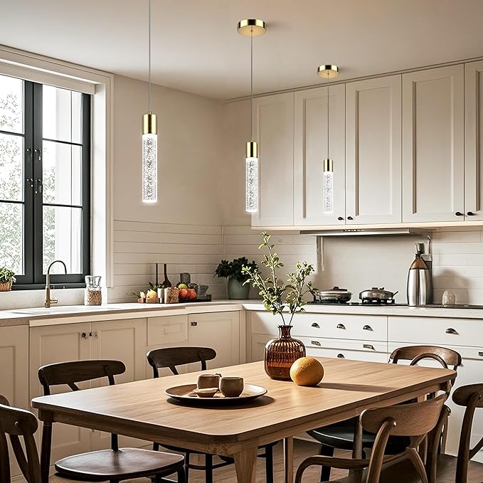 Pendant Lights Kitchen Island, 6500K Modern Kitchen Island Lights Brushed Gold, 1 Pack Ceiling Lighting Fixtures with Crystal Bubble, Integrated LED Hanging Light for Dining Room Restaurants