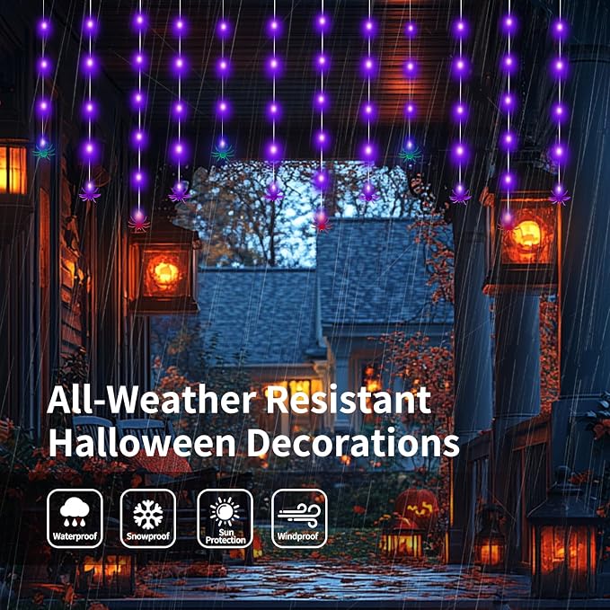 Halloween Spider Curtain String Lights, 7.2Ft Halloween Decorations Outdoor Indoor with 12 Multicolor Spiders and 60 Purple LED Bulbs Fairy Lights for Window Porch Garden Party Décor, Solar Powered